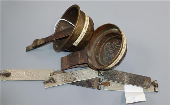 A Tibetan brass and steel tea strainer (Tha Tsag), a similar tea serving spoon (Tha Kyog) and an apron hanger